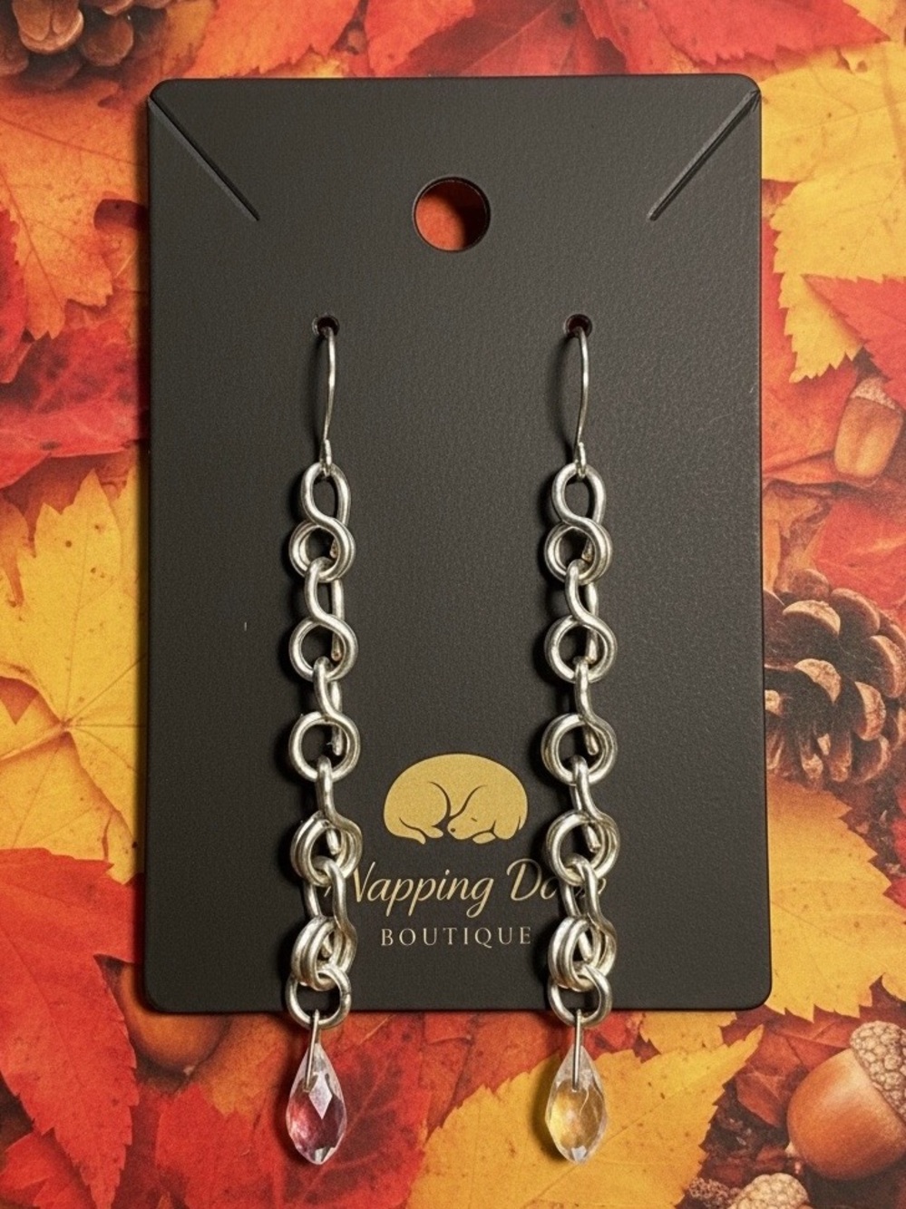 Hand-Wired Silver-Tone Chain Dangle Earrings with Glass Teardrops